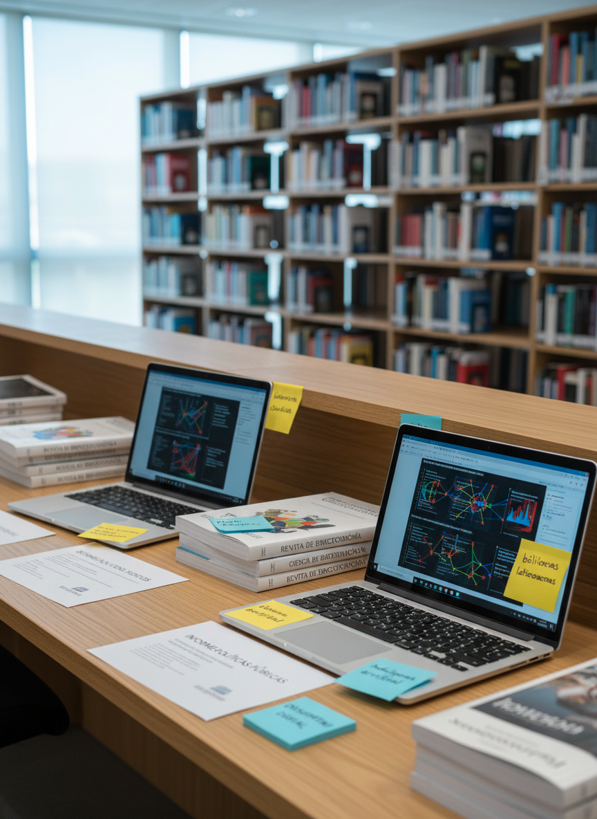 A close-up, photographic realism image of a modern library reference desk made of light oak, completely unoccupied, with two open laptops displaying colorful AI data visualizations and network graphs labeled in Spanish. Around them lie neatly stacked academic journals, printed policy reports, and sticky notes mentioning "bibliotecas latinoamericanas" and "inteligencia artificial". Behind the desk, tall shelves of books in Spanish and Portuguese fade into a soft bokeh. Cool, diffused daylight filters through large unseen windows, creating gentle reflections on the laptop screens and a calm, focused atmosphere. Captured at eye level with a shallow depth of field that keeps the laptops and documents sharply in focus. The composition feels ordered, professional, and analytical, ideal for a critical observatory site.