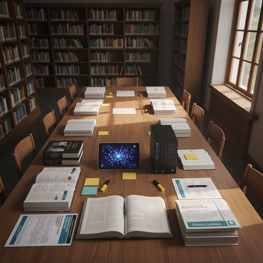 An overhead, photographic realism shot of a large wooden table in a Latin American library, completely devoid of people, carefully arranged as an AI research workspace. On the table are open books on library science, printed AI ethics guidelines, a tablet showing a neural network diagram, and a small desktop server with soft blue indicator lights. Colored sticky tabs and highlighters add subtle accents of yellow, teal, and red. Soft, indirect afternoon light from a nearby window casts long, delicate shadows across the wood grain, emphasizing texture. Surrounding shelves with Spanish-language books are slightly blurred at the frame’s edges. The mood is methodical and investigative, conveying systematic analysis of AI tools in regional libraries, composed with balanced symmetry and crisp detail.