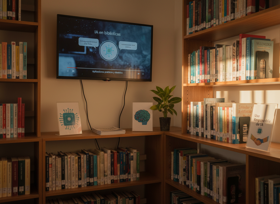 A photographic realism image of a compact Latin American community library corner dedicated to AI literacy, with no people present. Low wooden shelves hold books on artificial intelligence, ethics, and digital literacy in Spanish, accented by small acrylic signs with icons of circuits and brains. A simple wall-mounted screen shows a paused video titled "IA en bibliotecas" with Spanish subtitles. Warm, late-afternoon sunlight enters from an unseen window, casting soft golden highlights on the spines of the books and creating gentle shadows behind them. A small potted plant adds a touch of green beside a neatly arranged display of printed brochures about responsible AI use. Shot at eye level with moderate depth of field, the composition feels inviting yet serious, highlighting outreach and critical education.